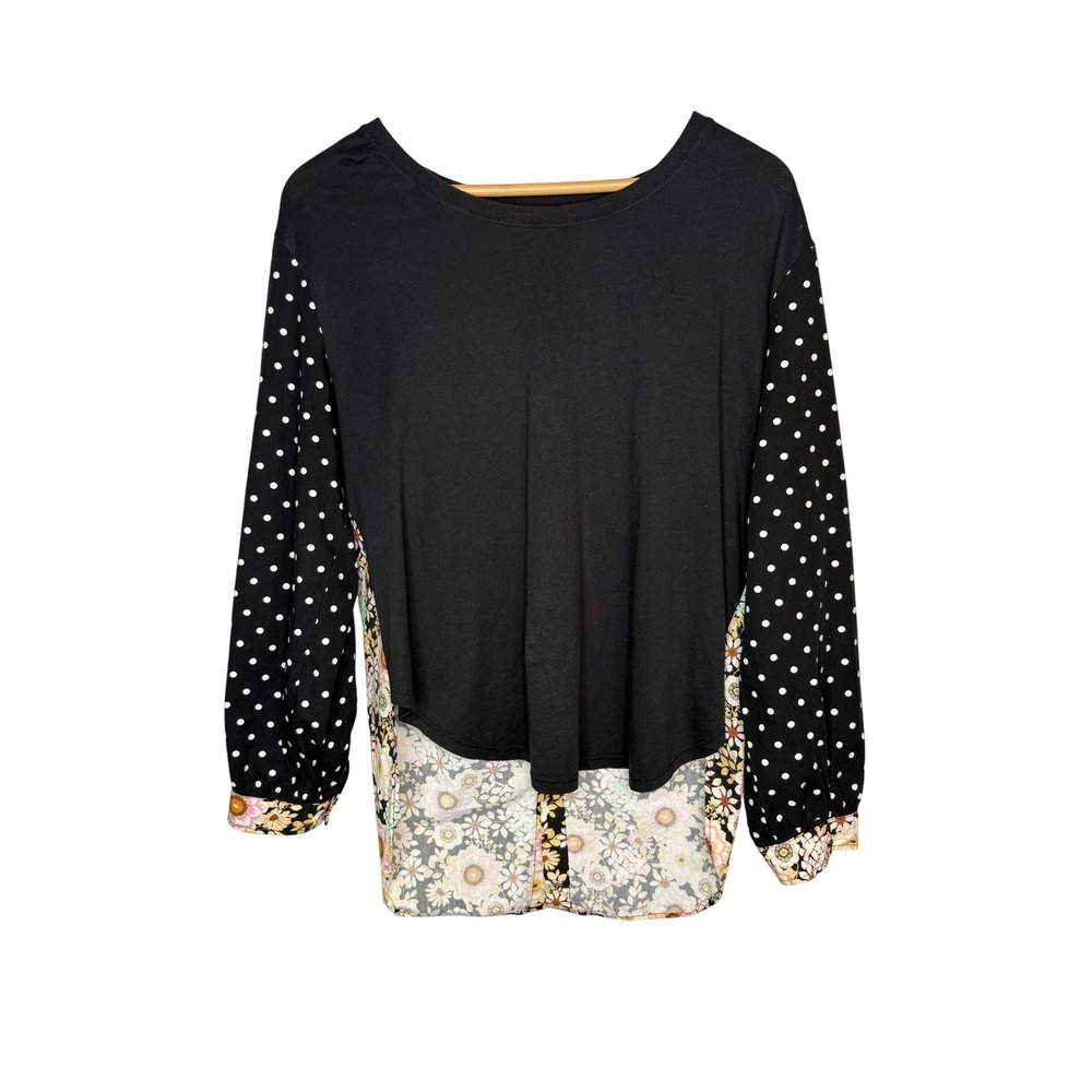 Maeve Anthropologie Mixed Print Top Small Black Floral Polka Dot Button Back - Picture 5 of 13